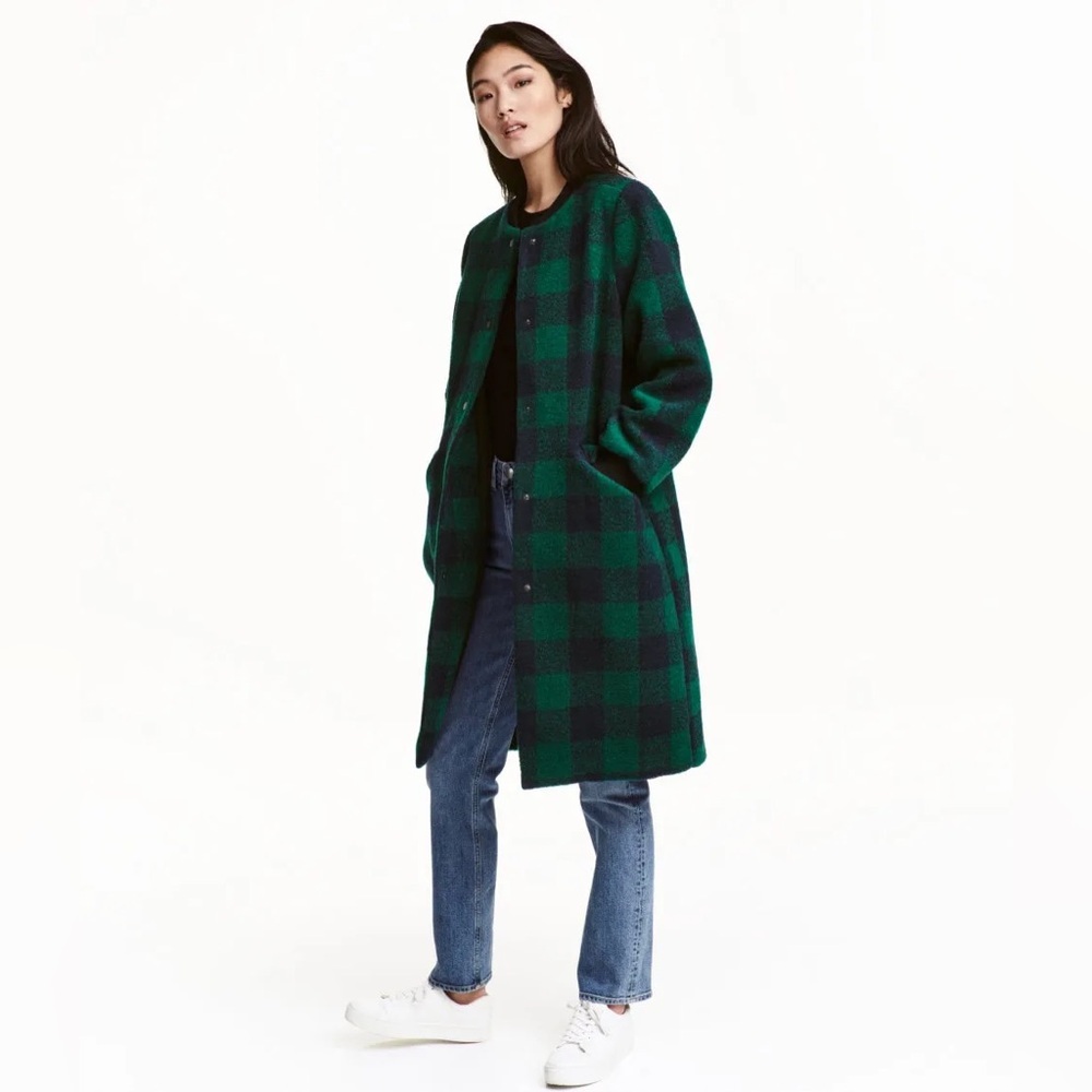 NWT H&M Green and Black Plaid Collarless Coat